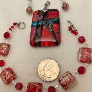 Red Pendant, Bracelet, Earrings, Lucite, Foiled Glass, Crystal, Silver Tone